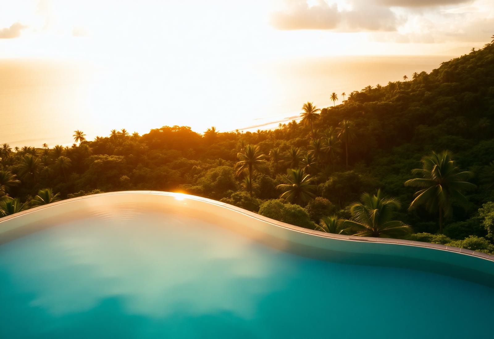 Aerial of an infinity pool overlooking jungle and ocean at golden hour